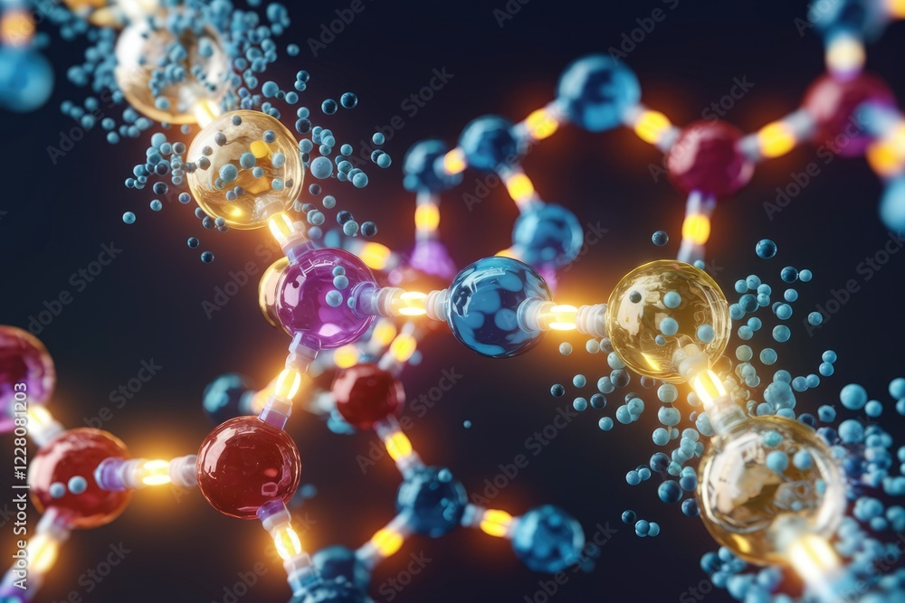 Poster a vibrant 3d rendering of a molecular structure, showcasing interconnected atoms with glowing bonds.