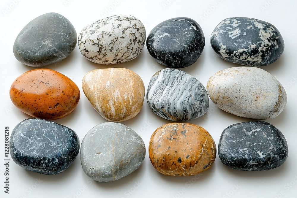 Poster a collection of smooth stones in various colors and patterns arranged neatly.