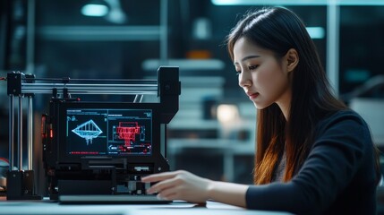 Futuristic Tech Printing East Asian Female Professional Engaging with Printer and Laptop in Bright Metallic Studio - Architectural Model Innovation and Holographic Design Trends