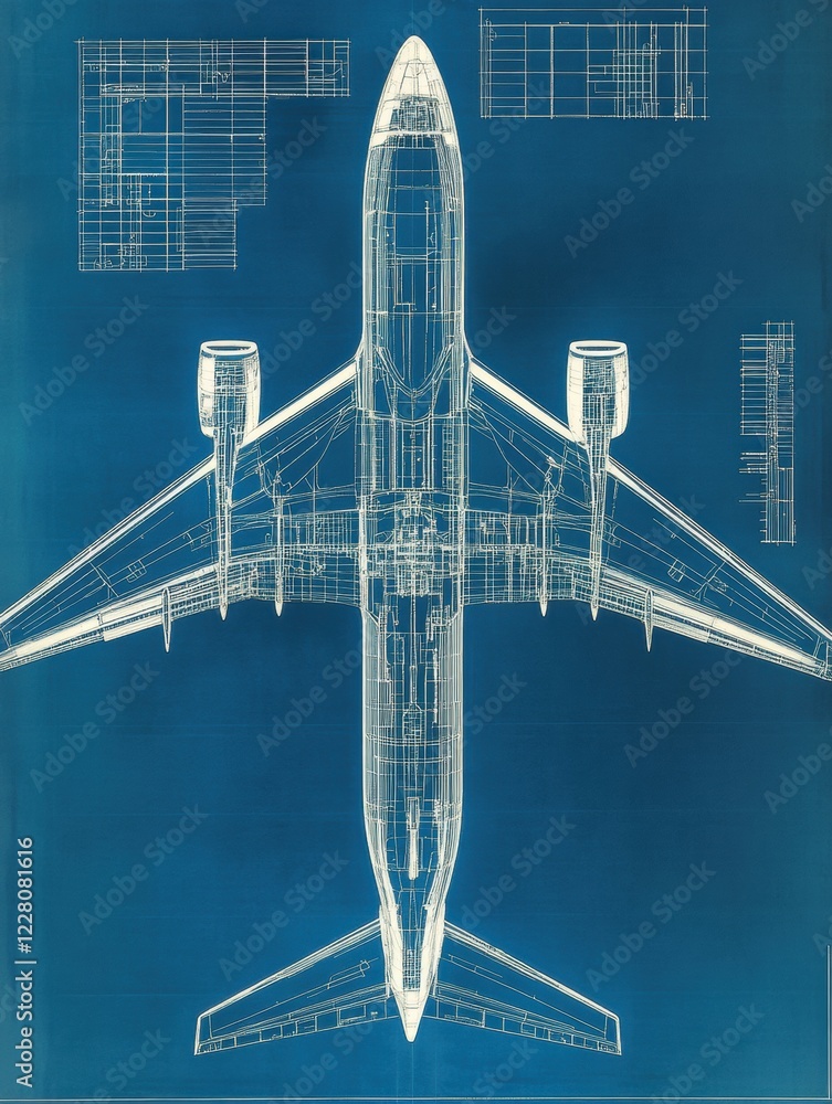 Leinwandbilder Technical blueprints showcasing detailed design of an airplane from a top view. Generative AI