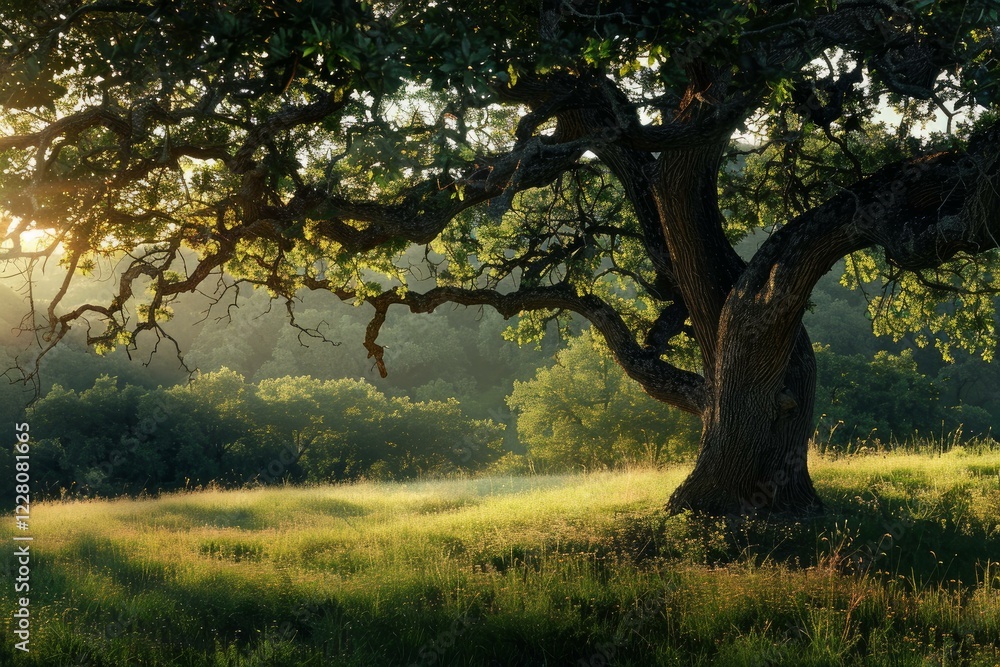 Poster sunlight filters through the leaves of a large oak tree standing in a grassy field, creating a peace
