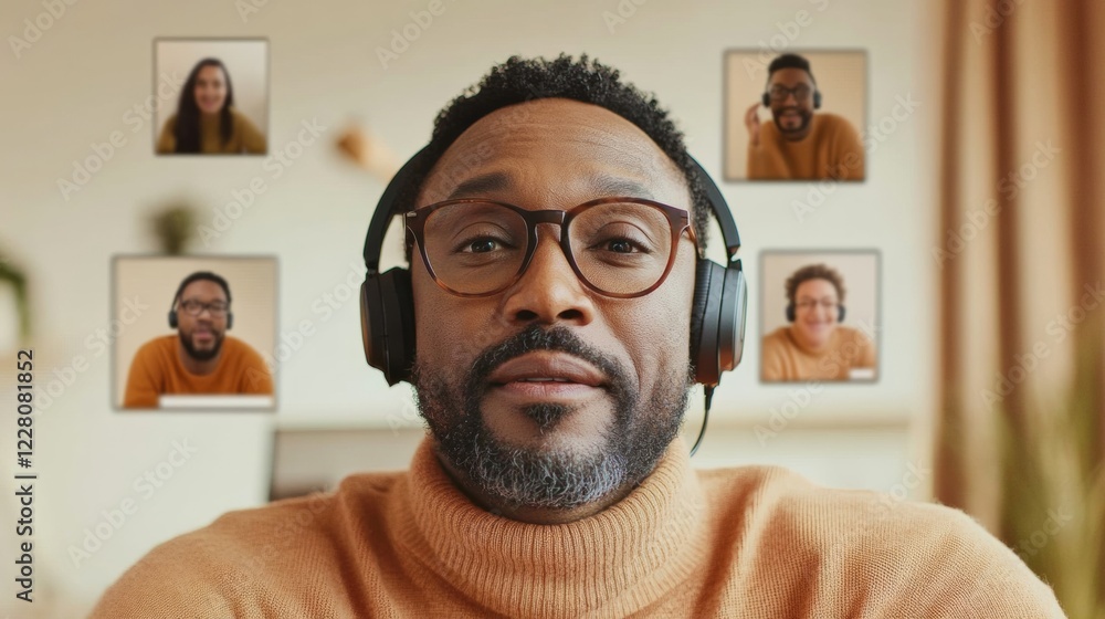 Aufkleber contemporary remote mentorship diverse zoom call with middle-aged black man in cozy textured knitwea