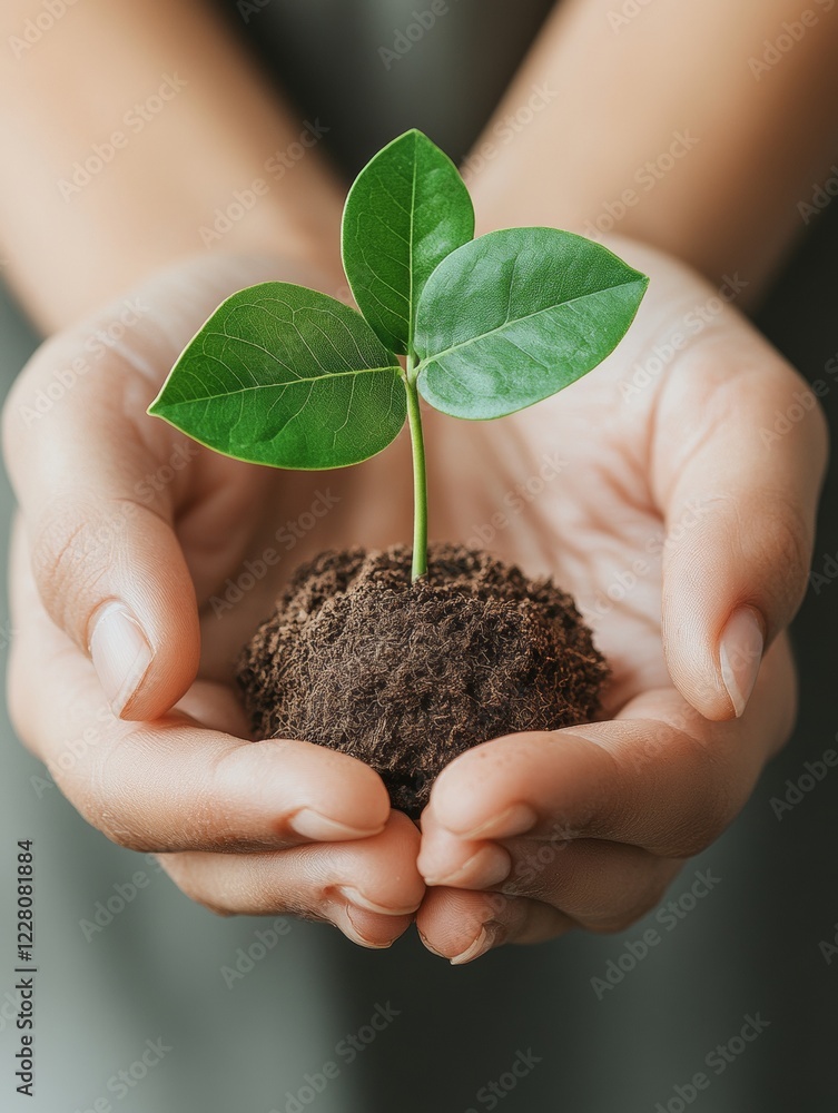 Aufkleber nature-infused innovation display hands nurturing seedling with dew elements - green technology inte