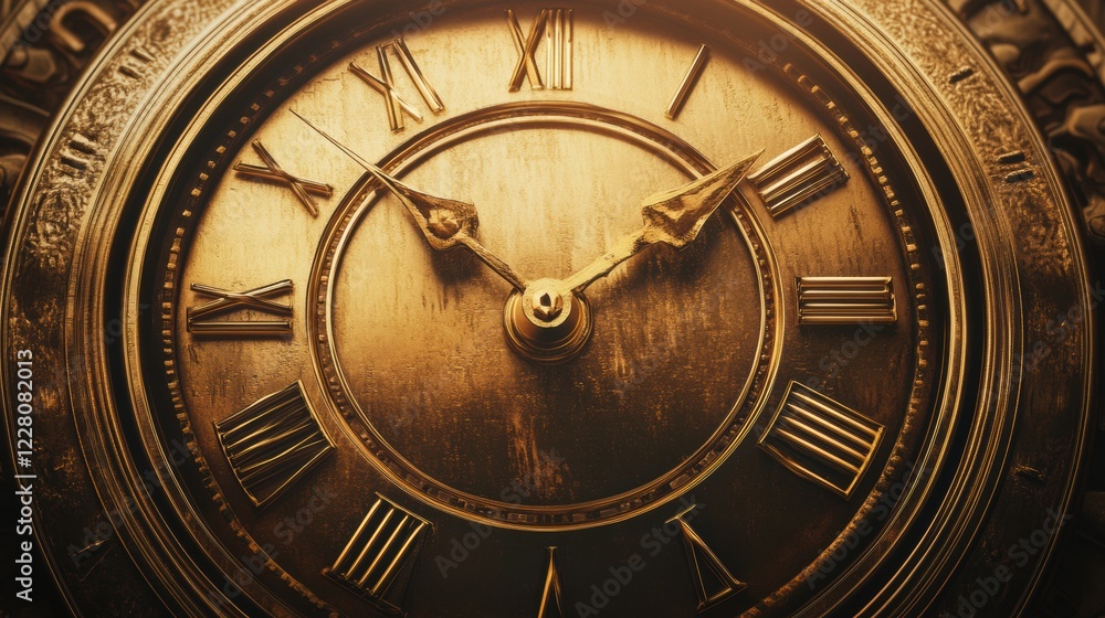Poster close view of an antique clock with gold finish and roman numerals showing afternoon time. generativ