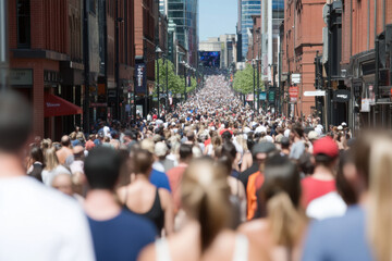 A crowded city street with people walking and standing