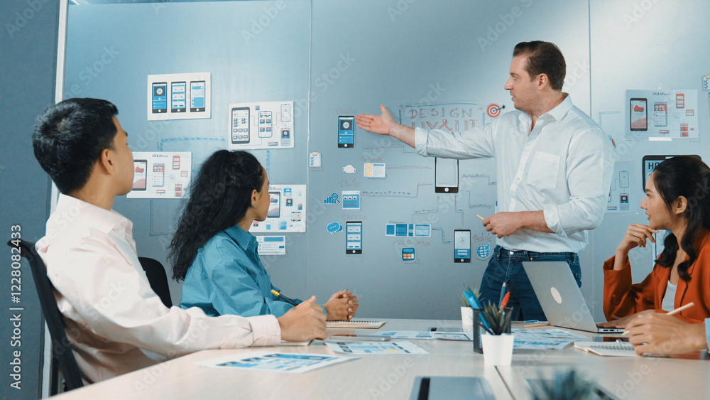 Poster group of professional business people discuss about using ux and ui design. cooperative diverse busi