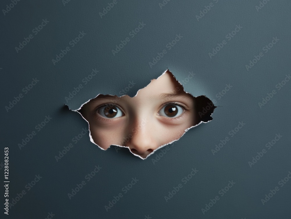 Poster modern imagination stimulation childs curious gaze through artistic paper tear - educational visual 