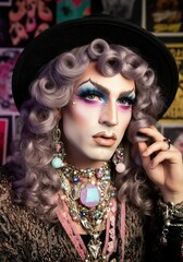Fototapeta premium Glamorous drag performer with striking makeup and elaborate accessories