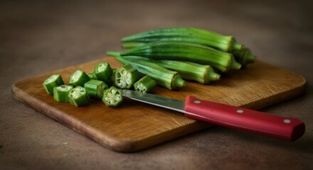 Fresh okra sliced on a wooden cutting board with a red-handled knife