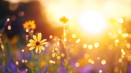 Golden Hour Meadow Blooms - Serene sunrise, vibrant yellow flowers, soft focus bokeh, peaceful nature, summer warmth.  Symbolising hope, tranquility, new beginnings, joy, and growth.