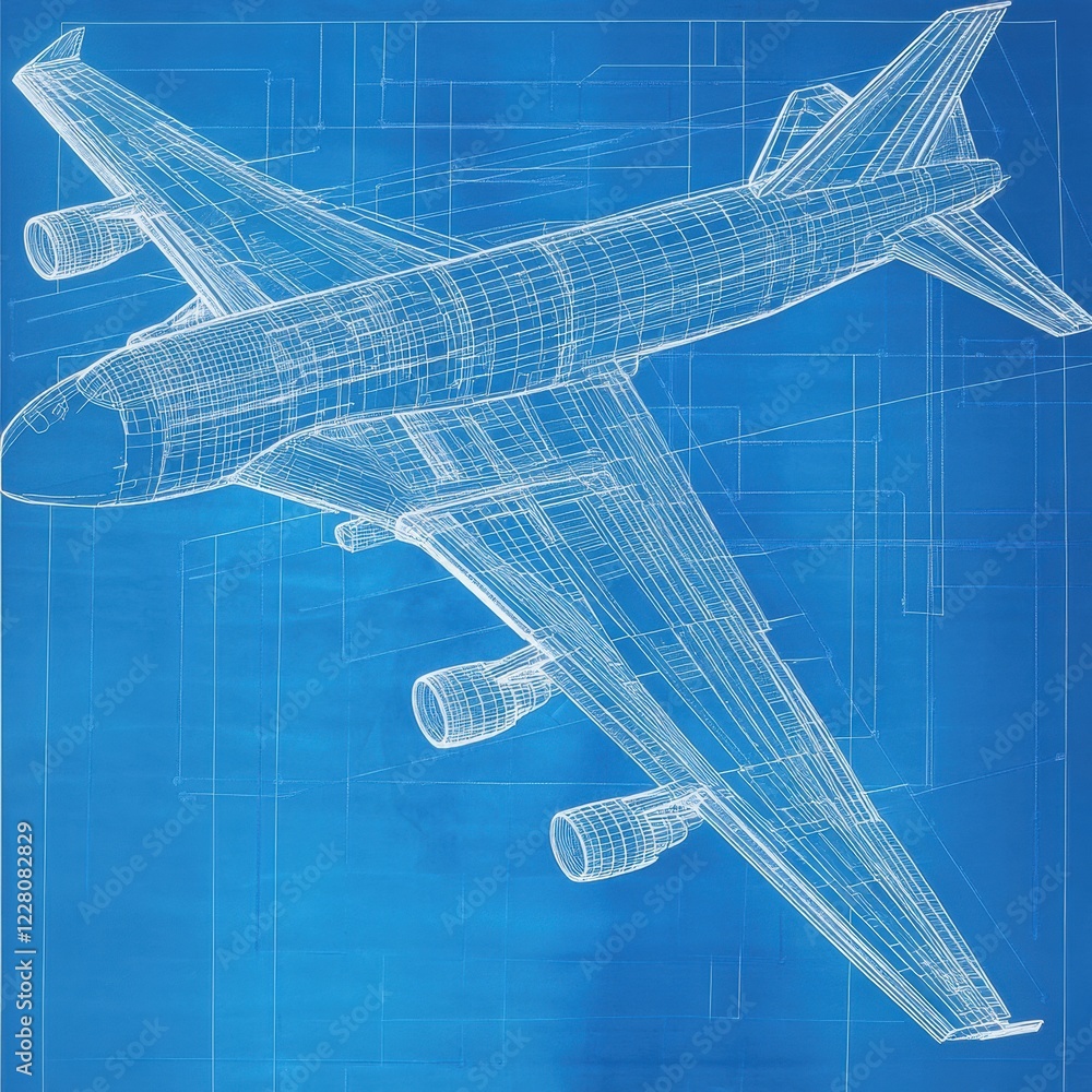Aufkleber technical blueprints illustrating the design and structure of a commercial airplane in detailed layo