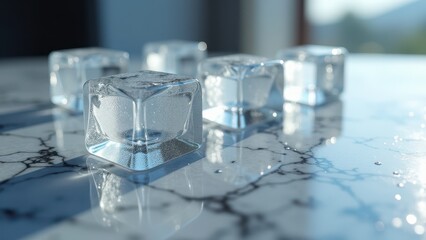 Fresh ice cubes melting on a reflective wet surface with sunlight reflections	