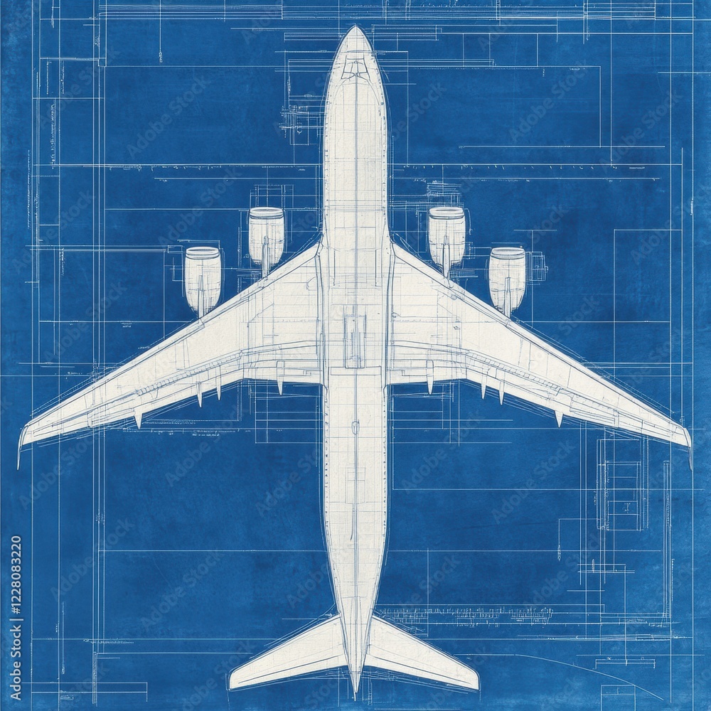 Aufkleber Detailed technical blueprint showcasing an airplane design with clear outlines and measurements for engineering purposes. Generative AI