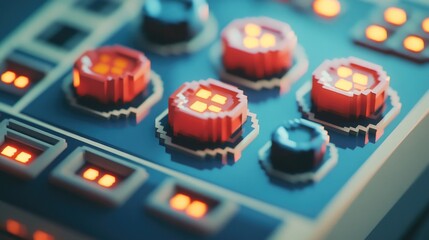 A close up of a computer keyboard with a red button in the middle. The buttons are lit up and appear to be part of a game