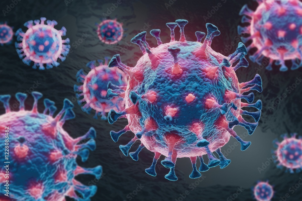 Aufkleber Microscopic view of multiple coronavirus particles, highlighting their spiky structure and complex morphology.