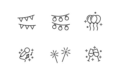 Set of Celebration and party icon, Happy birthday Symbol, Balloons, microphone, music, lights Outline icon, Editable Stroke
