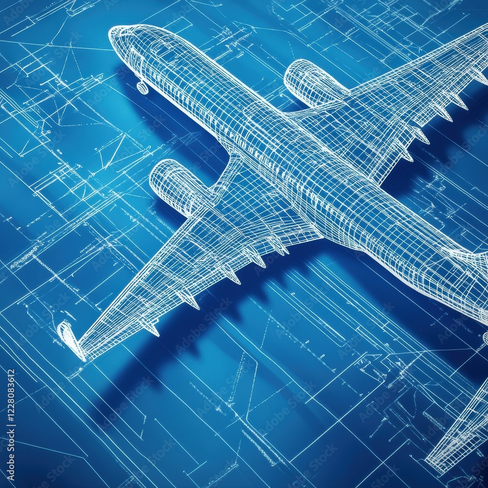 Fototapete technical blueprints illustrating the design and structure of a modern airplane in a detailed schema