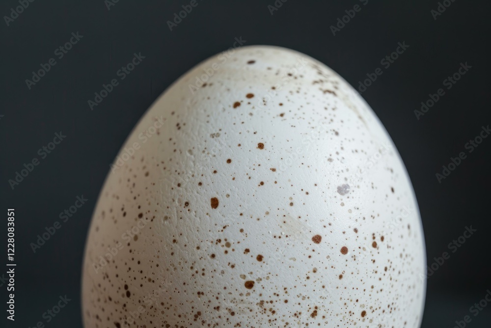 Poster close up of a turkey egg displaying its unique speckled pattern and porous texture against a dark ba