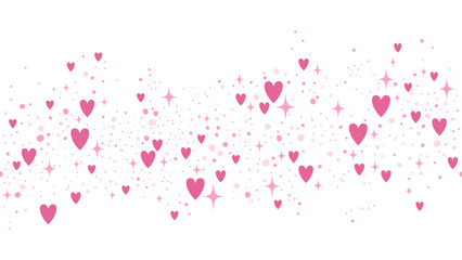 Seamless border with pink hearts and sparkles scattered on a white background. Romantic abstract pattern for Valentine's Day celebration. Design for greeting cards, invitations, posters, and banners