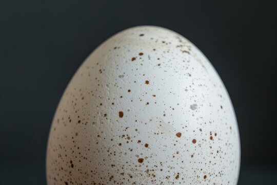 Close up of a turkey egg displaying its unique speckled pattern and porous texture against a dark backdrop