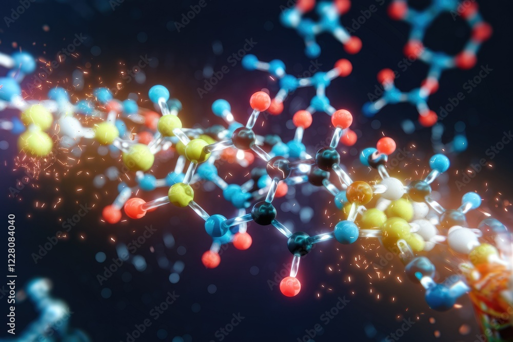 Poster a vibrant 3d rendering of molecular structures, showcasing intricate bonds and colorful atoms.