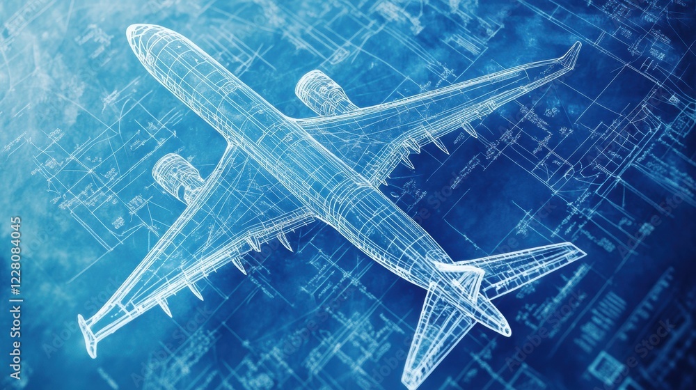Poster detailed technical blueprints featuring the design specifications of an airplane in a blue and white