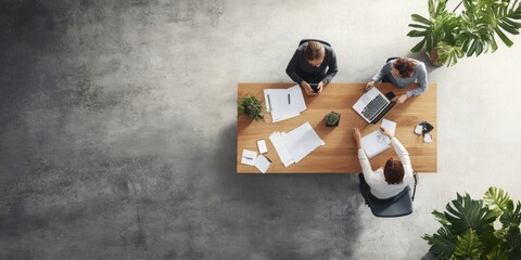 Collaborative Workspace Design Minimalist Wooden Desk with Tech Gadgets and Greenery - Boosting Creative Agency Synergy and Visual Communication in Modern Offices