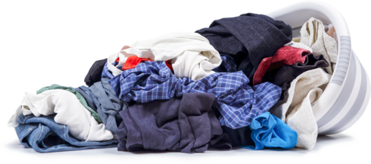 plastic tub with heap of clothes isolated