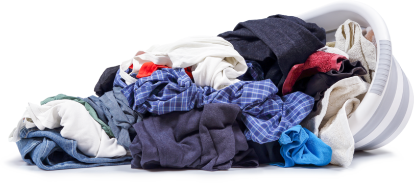 plastic tub with heap of clothes isolated
