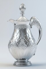 An elegant, ornate, antique sterling silver tea set with pitcher and cup. Featuring intricate designs and a lid for serving.