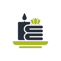 This beautifully designed icon showcases a calming spa setting that includes a candle, soft towels, and an elegant lotus flower, all of which together symbolize deep relaxation and tranquility