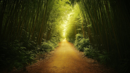 A narrow path winding through a serene bamboo forest, with tall, graceful bamboo stalks reaching toward the sky, creating a peaceful and tranquil nature escape