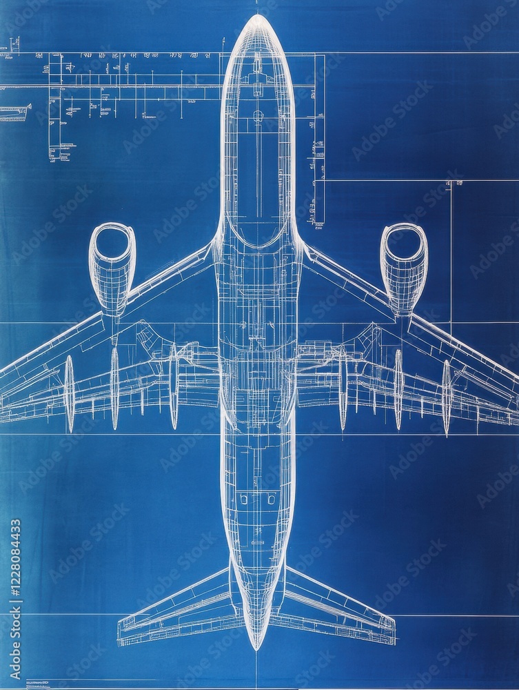 Poster detailed technical blueprints showcasing the design and layout of an airplane on a blue background. 