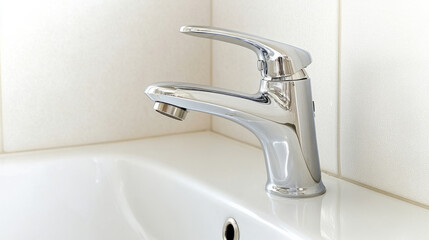 Shining Chrome Kitchen Faucet Over White Sink in Bright and Clean Modern Kitchen Interior