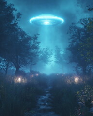 Fototapeta premium The flying saucer surrounded by a faint bluish glo_022