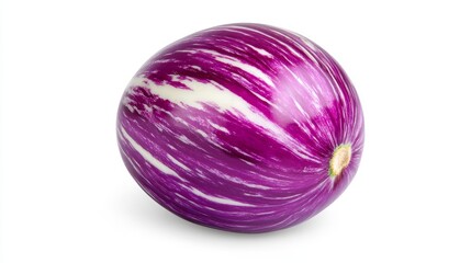 Fototapeta premium Fresh Striped Eggplant on White Background - A vibrant purple and white striped eggplant isolated on a pure white background. Perfect for culinary or healthy eating themes.