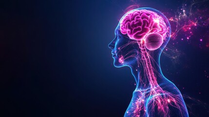 An abstract image of the human endocrine system with glowing hormonal pathways and vibrant colors set against a dark, cosmic background, Neon style