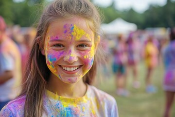 A young girl, smiling at the camera, covered in vibrant colors from a Holi festival. The crowd is full of joy and color.