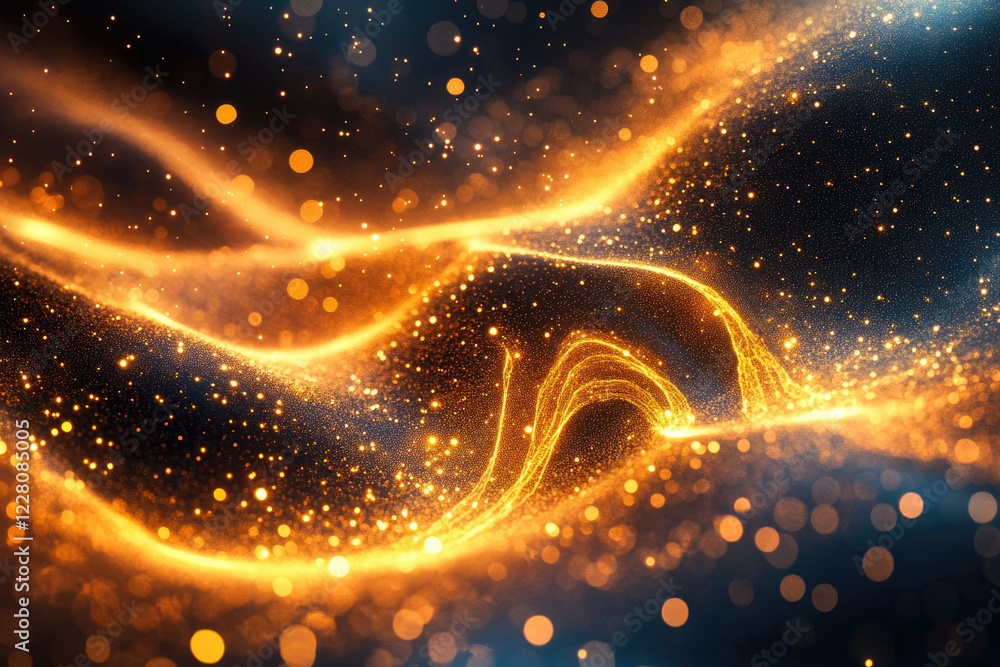 Poster Abstract golden particles flowing in dark space, creating a wave-like pattern with glowing lights.