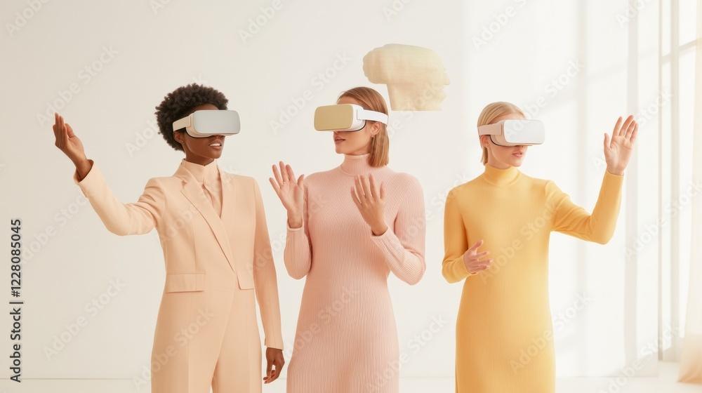 Aufkleber contemporary xr interaction diverse team with vr headsets in sleek office - immersive business desig