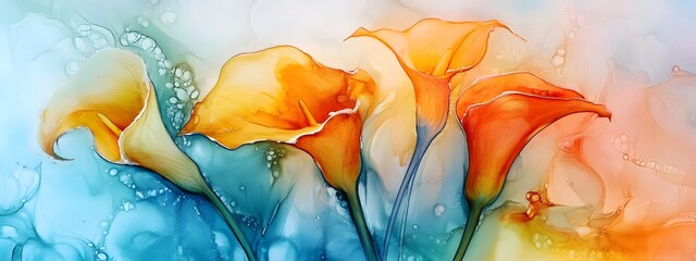 Beautiful colorful calla lilies, ethereal, luminous colors, soft lighting

