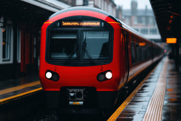 Fototapeta premium A red train is sitting on the tracks at a train station