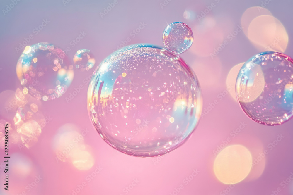 Aufkleber iridescent soap bubbles float in a dreamy pink bokeh, capturing light and creating a magical, ethere