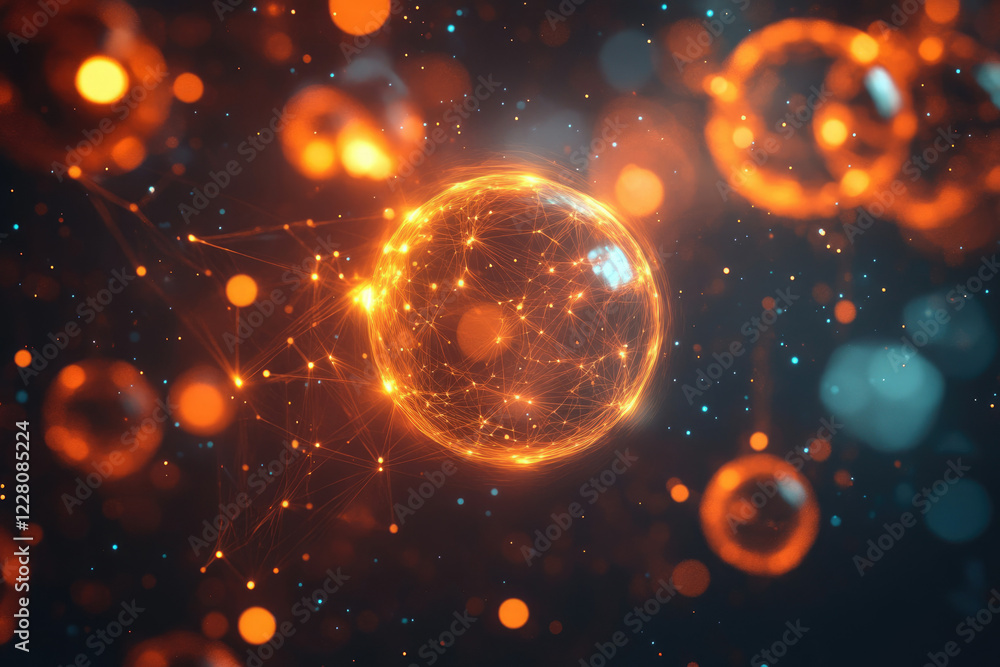 Aufkleber A glowing sphere connected by lines of light in a dark space with bokeh effects.