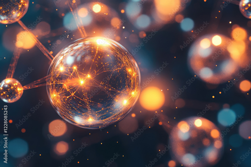 Poster glowing spheres interconnected by luminous lines, depicting a network or molecular structure in a da
