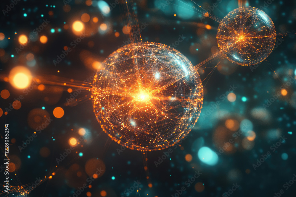 Poster abstract digital art depicting interconnected glowing spheres, representing networks, connections, o