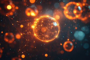 A glowing sphere connected by lines of light in a dark space with bokeh effects.