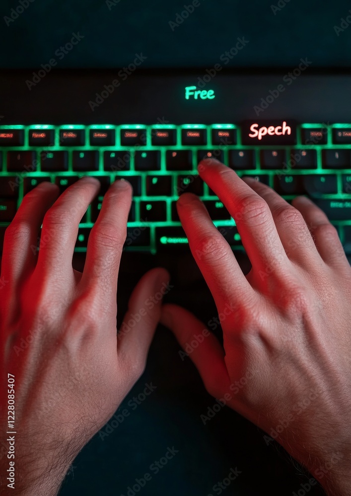 Poster Neon Cyber Activism Hands on LED Backlit Keyboard with Free Speech Sticker - Tech Advocacy in Digital Spaces and Online Privacy Solutions for Modern Professional Use
