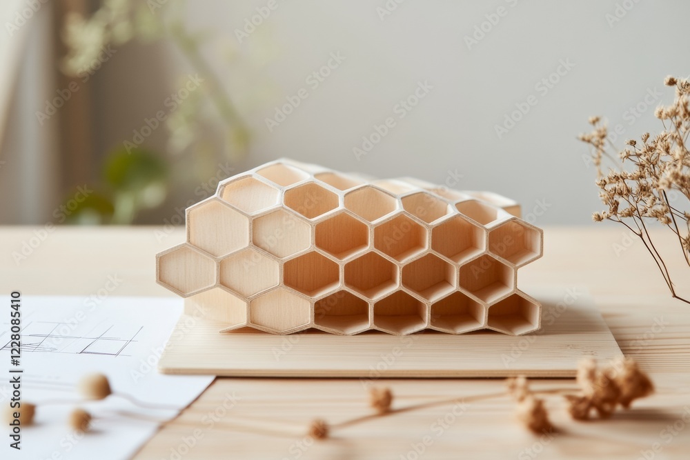 Poster biomimicry in architecture honeycomb-inspired hexagonal model with semi-transparent panels for susta