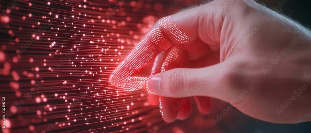Aufkleber Futuristic Digital Touch Interface Holographic Red Light Display with Hand Interaction - Next-Gen Tech Solutions for Dynamic User Experience and Innovative Business Applications